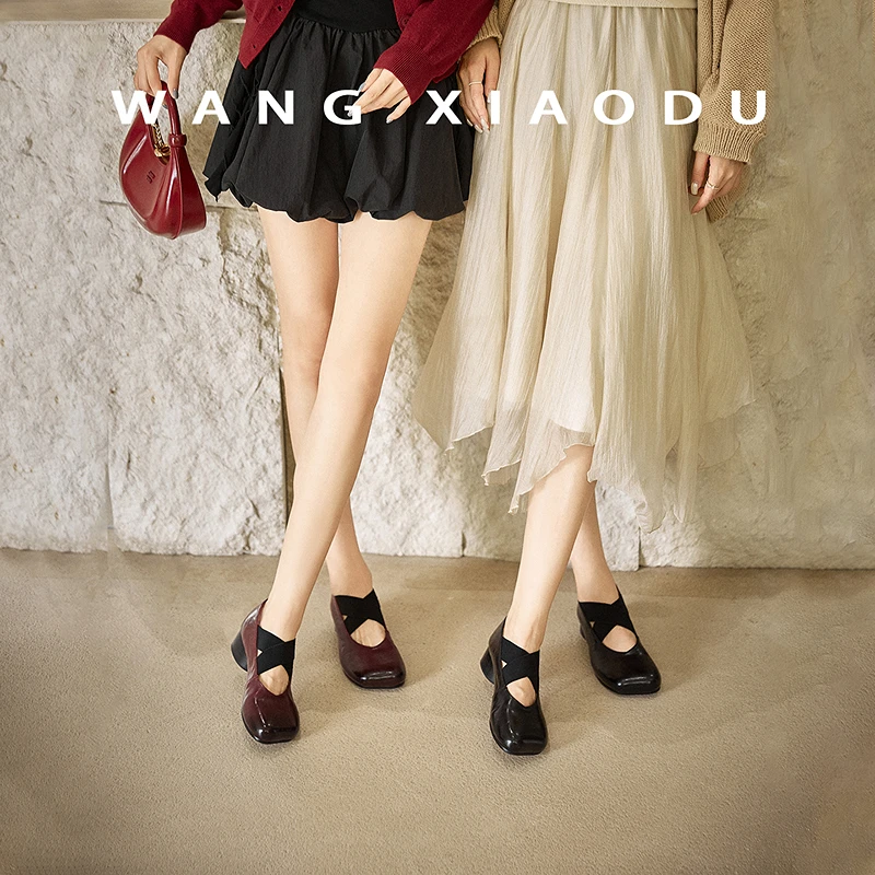 【王小毒】芭蕾舞步●4cm厚底芭蕾鞋女粗跟交叉带苹果头玛丽珍鞋