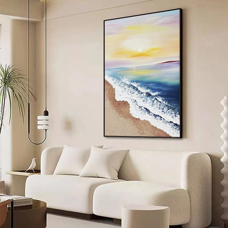 手绘油画现代简约客厅装饰画抽象海滩沙发落地背景画抽象80120