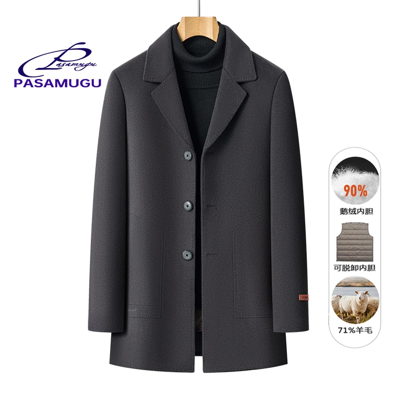 新款鹅绒内胆西服领双面呢男士中长款绵羊毛大衣秋冬商务保暖外套