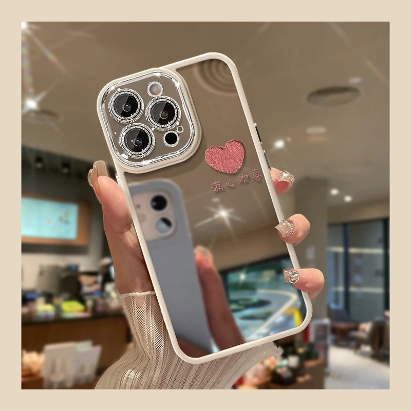 适用苹果15手机壳iphone14pro镜面13满心欢喜12闪粉11自带镜头膜X
