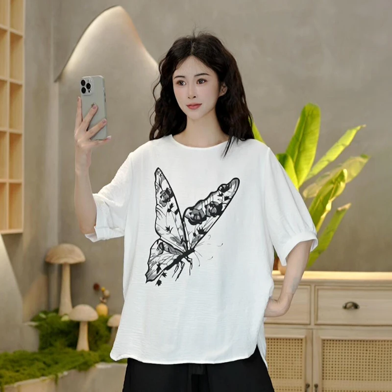 8906 夏季时尚蝴蝶印花宽松T恤洋气减龄圆领百搭短袖上衣