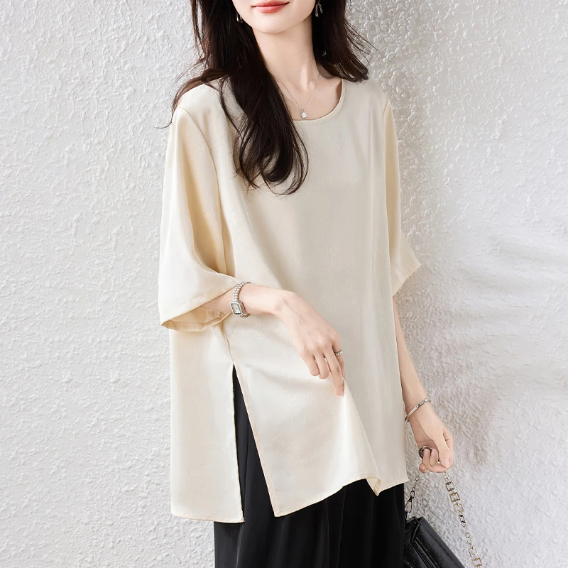 醋酸缎面短袖T恤女夏装2025新款宽松遮肚子小衫中长款侧开叉上衣