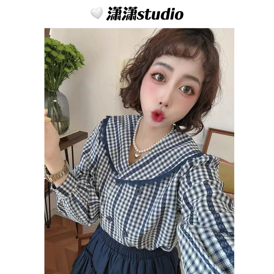 【学院格子】潇潇定制刺绣格子面料学院领正肩设计韩系衬衣XS2360