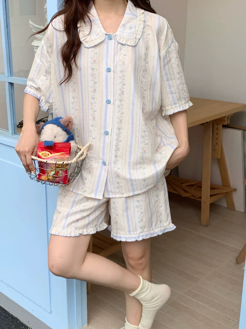 失眠小屋夏季新品 ins韩风女士简约风条纹印花可外穿短袖睡衣套装