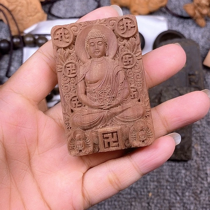 檀香木无事牌老山檀香雕刻大日吊坠