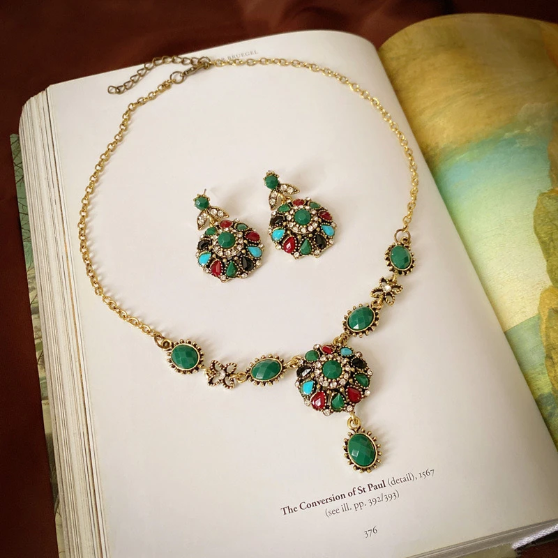 铜项链 中古vintage复古项链宫廷风小众气质锁骨链耳环套装