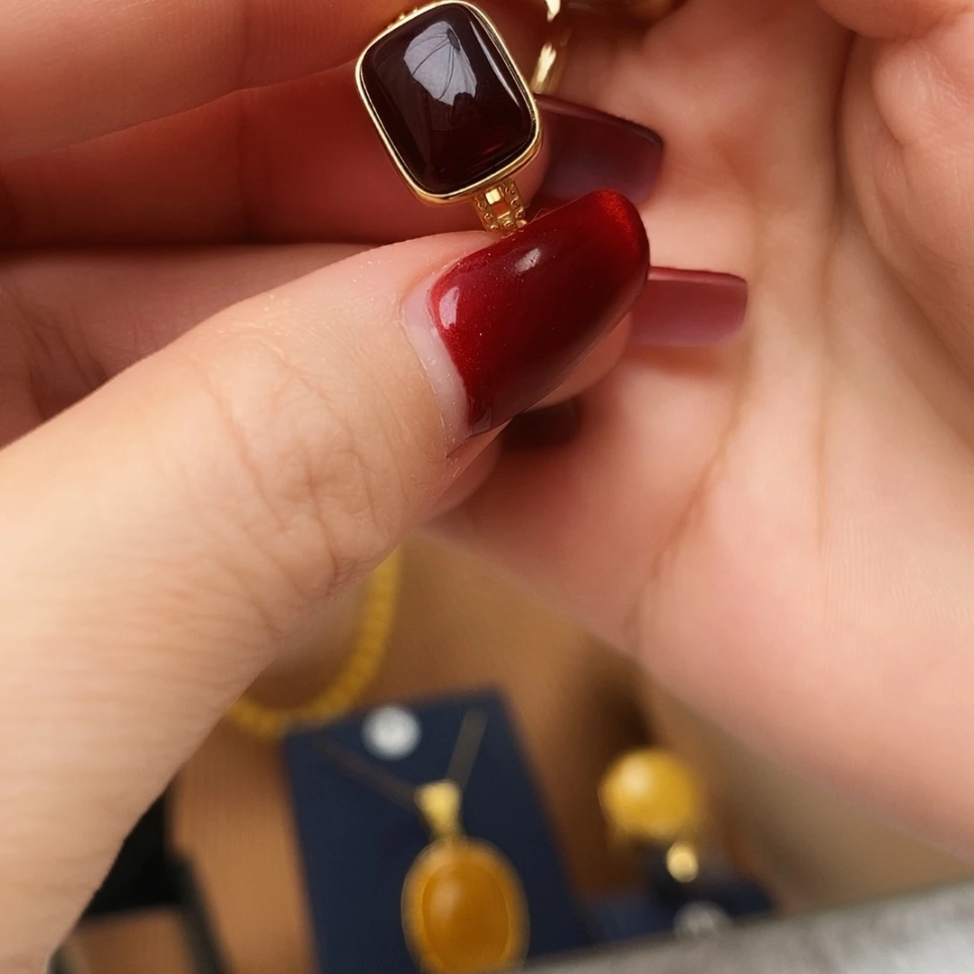 血珀银S925镀金镶嵌戒指