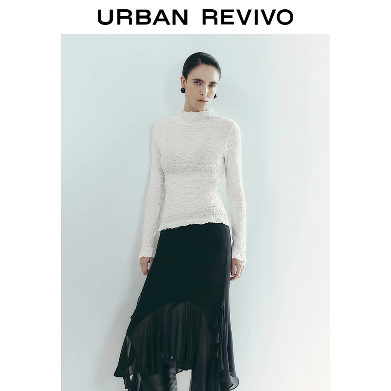 UR2025秋季新款女装时尚肌理感木耳边立领长袖T恤UWG450017