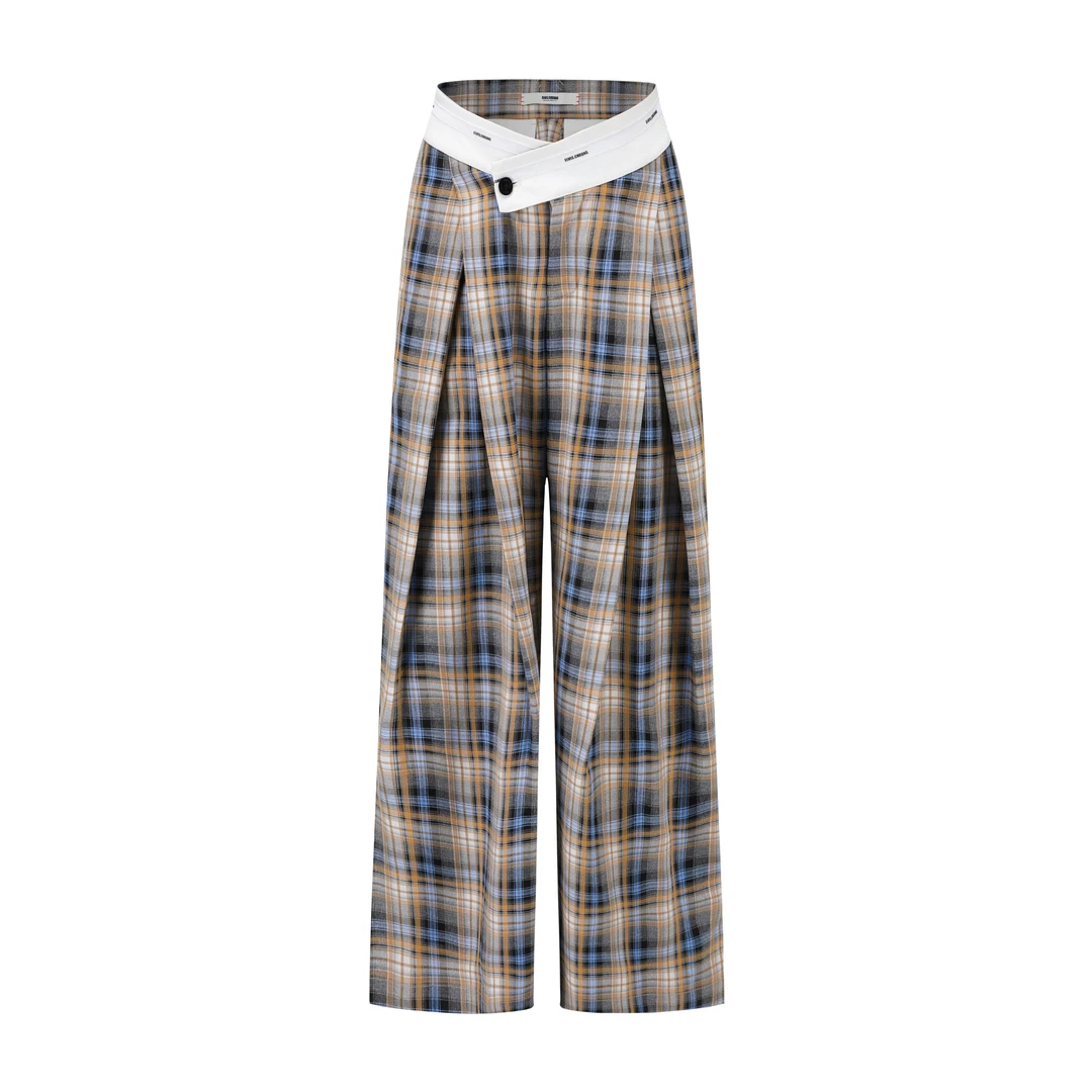 ELVIS.CHEUNG蒋云開運25春夏新品淡橘色格纹交叉褶阔腿裤