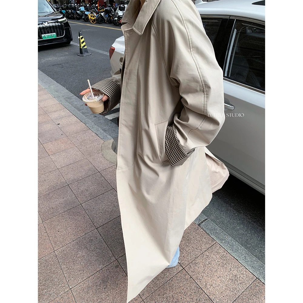 In Tree张桶桶【首尔街头】袖口拼接格纹廓形长款风衣ZXD01959