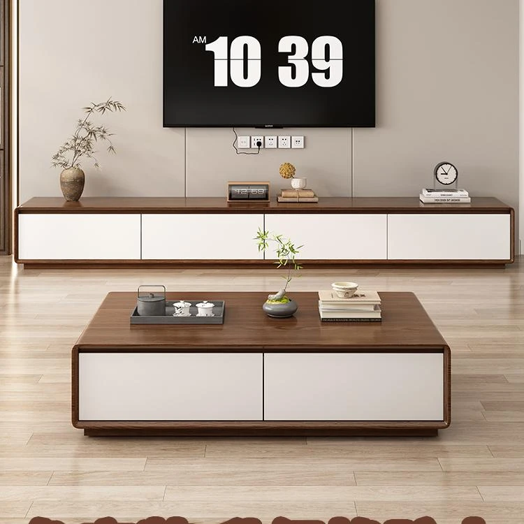 实木胡桃色电视柜客厅家用橡胶木储物柜子2025新款落地电视机柜子