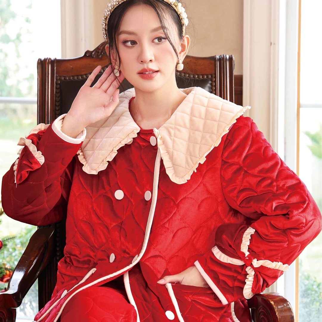 艾黎克斯设计师新年款轻奢四层夹棉加厚轻奢可外穿家居服套装冬款