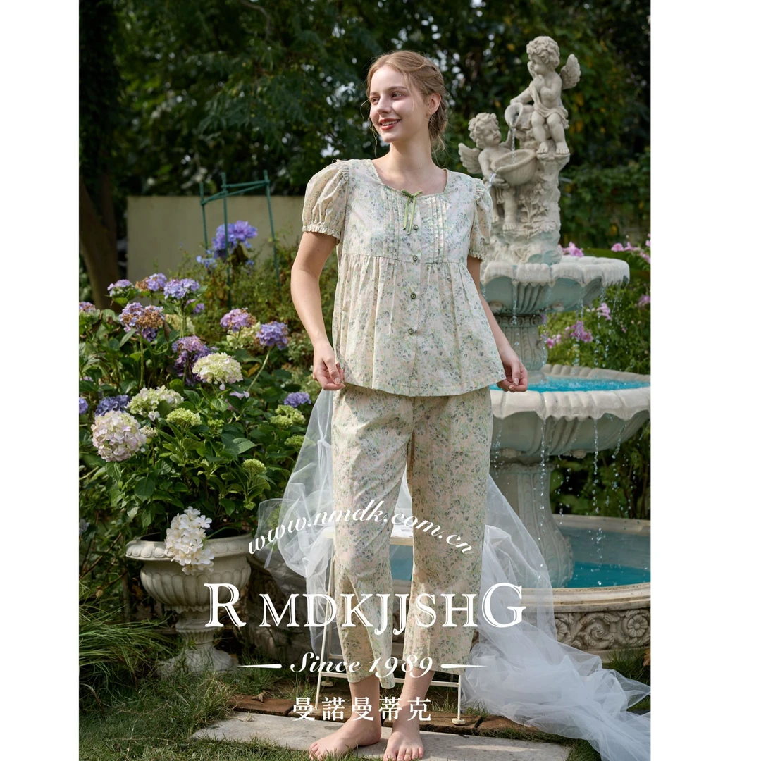 诺曼睡衣家居服套装女短袖碎花印花休闲气质提花上衣中式女装2528