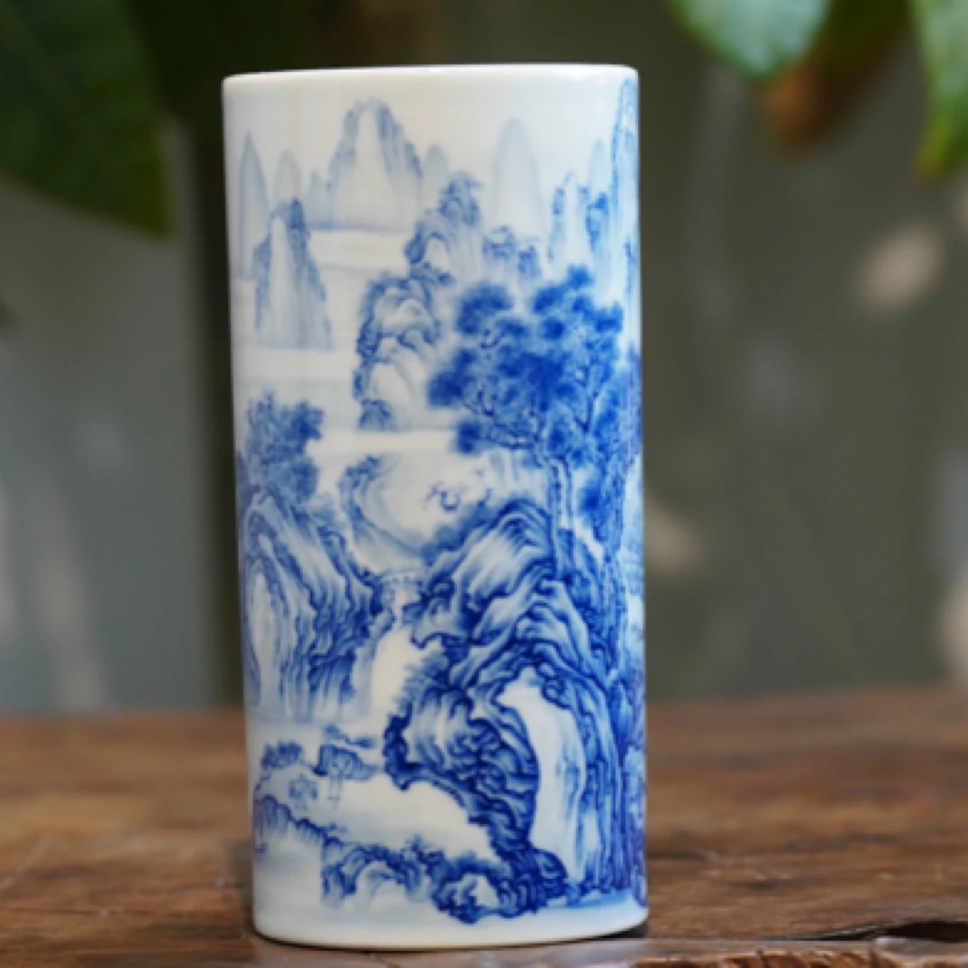 云岫亲工山水笔筒手工口径7.3高14.8