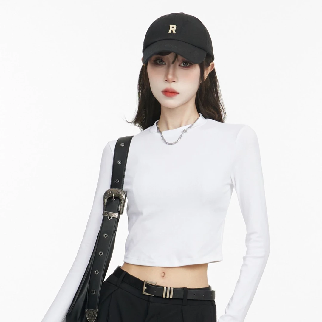 2025韩版新款修身长袖t恤女秋季短款小个子百搭内搭叠穿外穿上衣