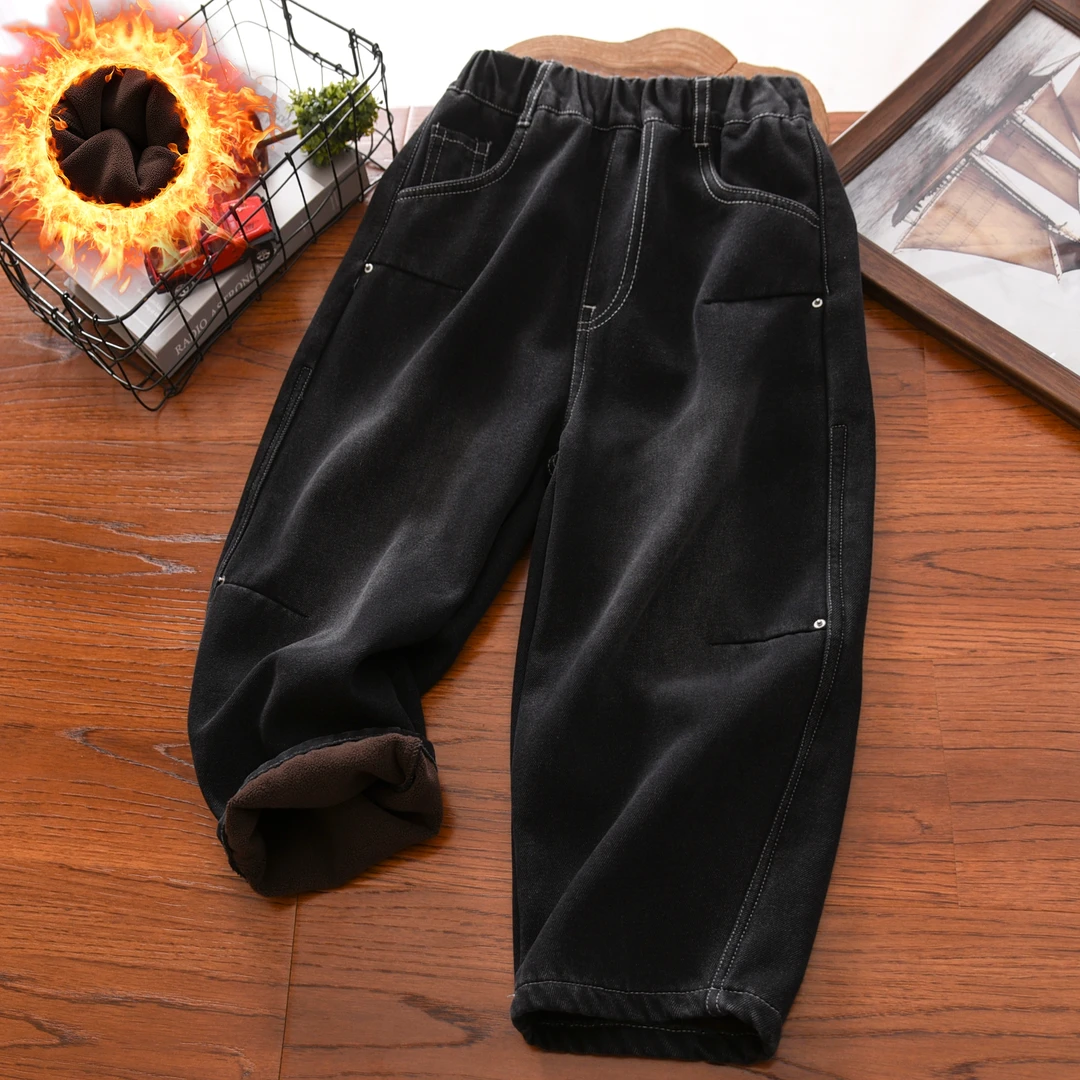 男童加绒牛仔裤子冬季2025新款中大童男孩奥粒绒儿童简约直筒长裤