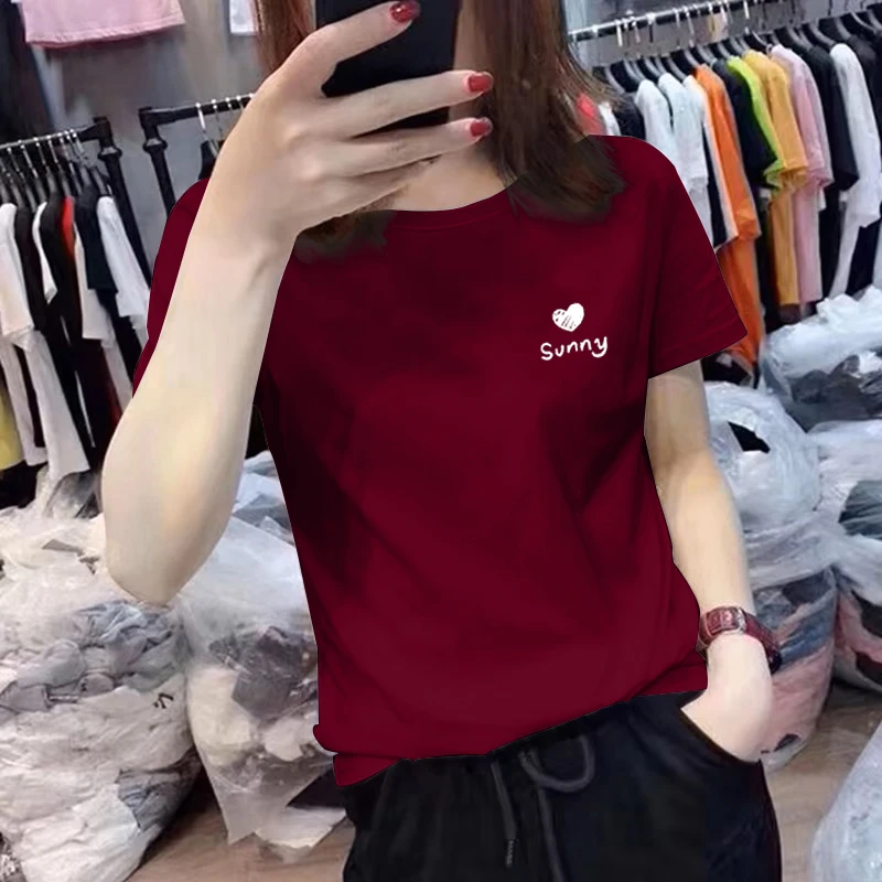 正肩短袖t恤女夏季韩版大码体恤衫修身显瘦圆领爱心印花上衣ins潮
