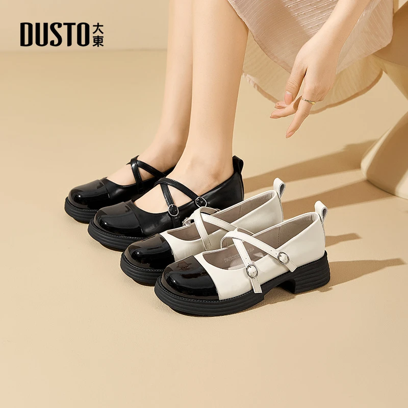 大东厚底小皮鞋2025春季新款甜美中跟粗跟浅口鞋百搭时尚女鞋0232