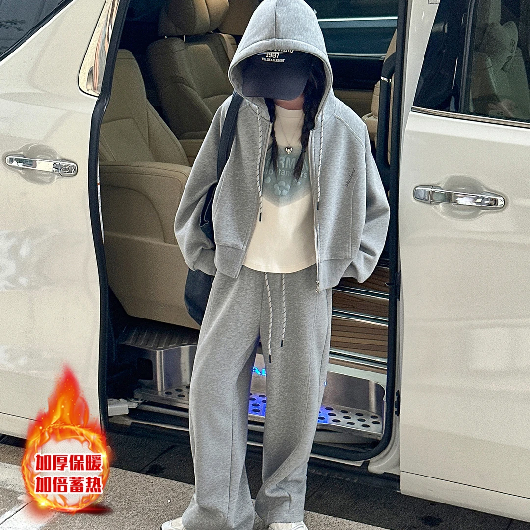 秋季女童时尚套装儿童休闲连帽卫衣两件套加绒加厚秋冬韩版中大童