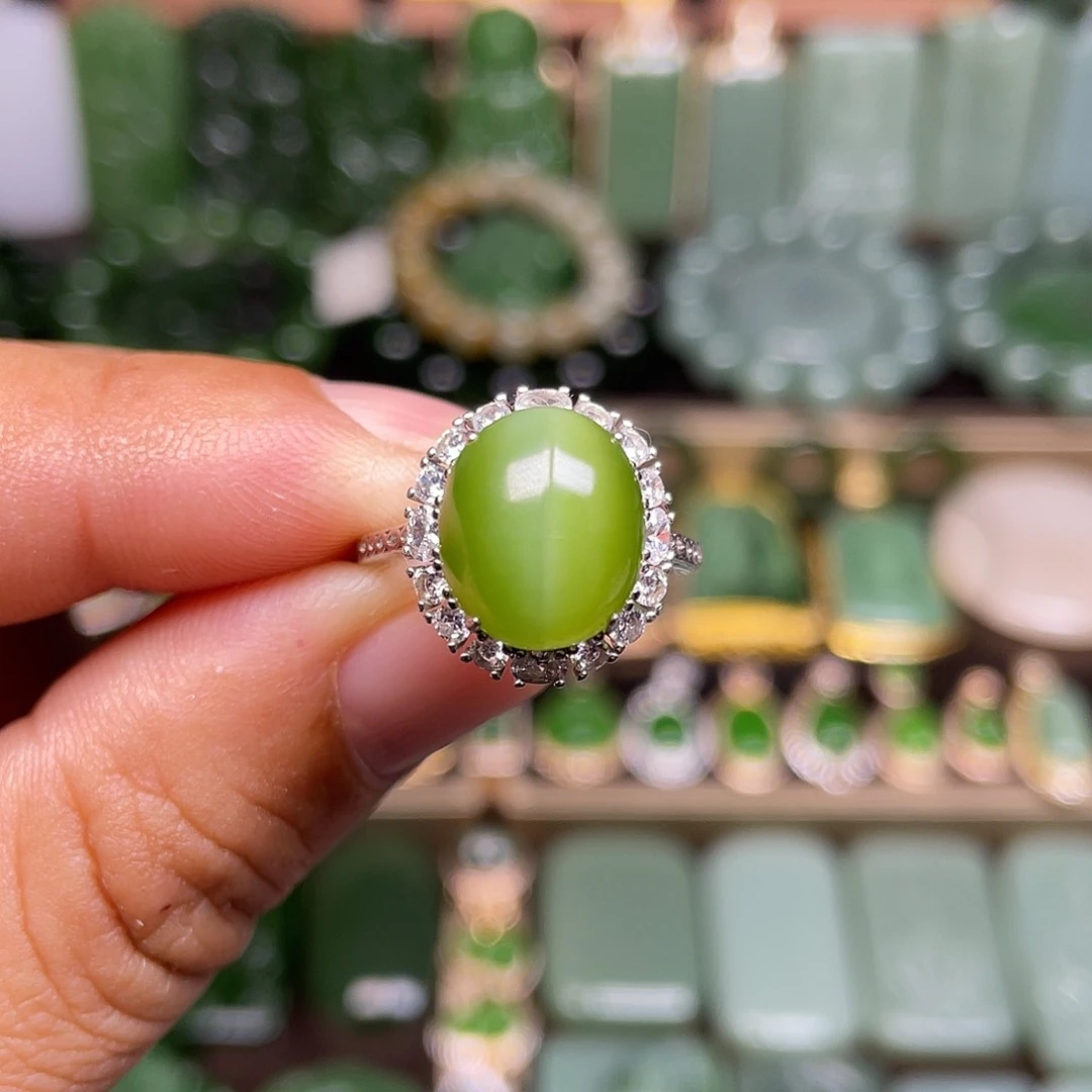 和田玉戒指银S925镀金镶嵌