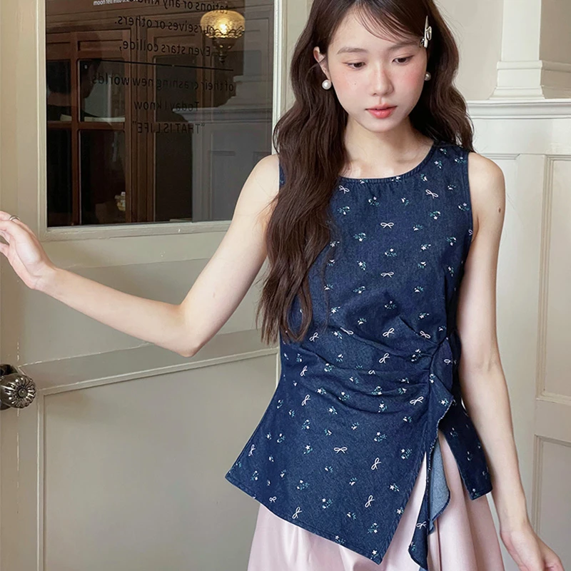 设计感蝴蝶结印花牛仔背心女夏季流行开衩小衫修身飘带无袖上衣
