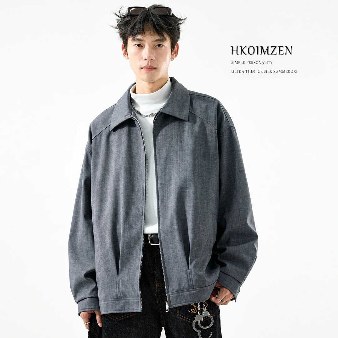 外套男款春秋潮流美式复古翻领行政夹克外套高级感灰色西装衬衫