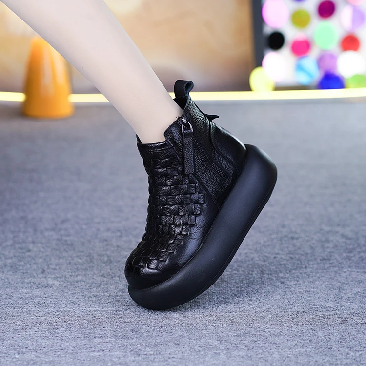 62232-1秋季真皮编织女靴头层牛皮圆头松糕厚底增高时尚百搭短靴