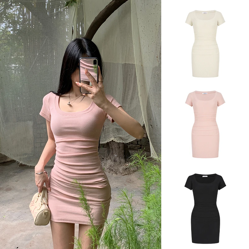 Moses Queen/魔西女王法式方领修身包臀短裙女褶皱收腰显瘦连衣裙