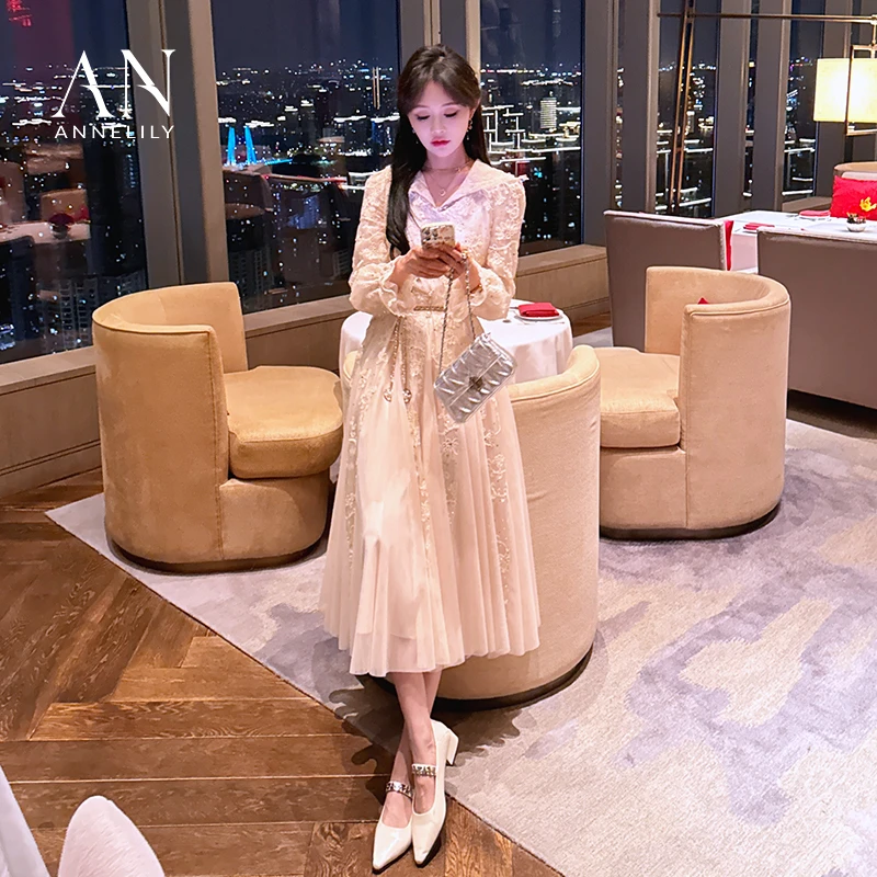 ANNELILY【月心】设计师气质高定优雅轻奢显瘦连衣裙AQ2502030