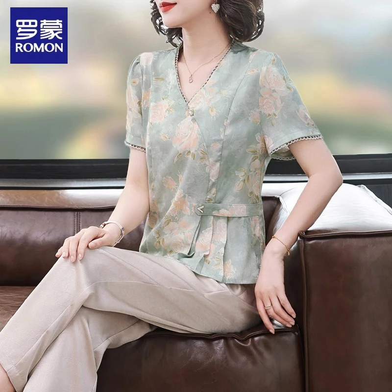 罗蒙妈妈夏装国风短袖套装2025新款收腰显瘦中老年女新中式上衣服