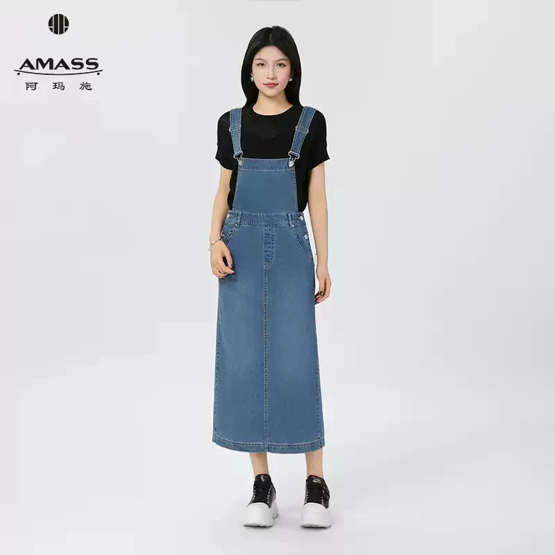 AMASS/阿玛施25春夏新款休闲水洗长裙百搭复古背带牛仔裙女520008