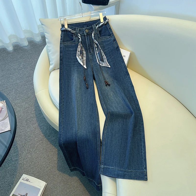 高腰直筒牛仔裤女早秋季2025新款四面弹爆款复古宽松阔腿拖地裤子