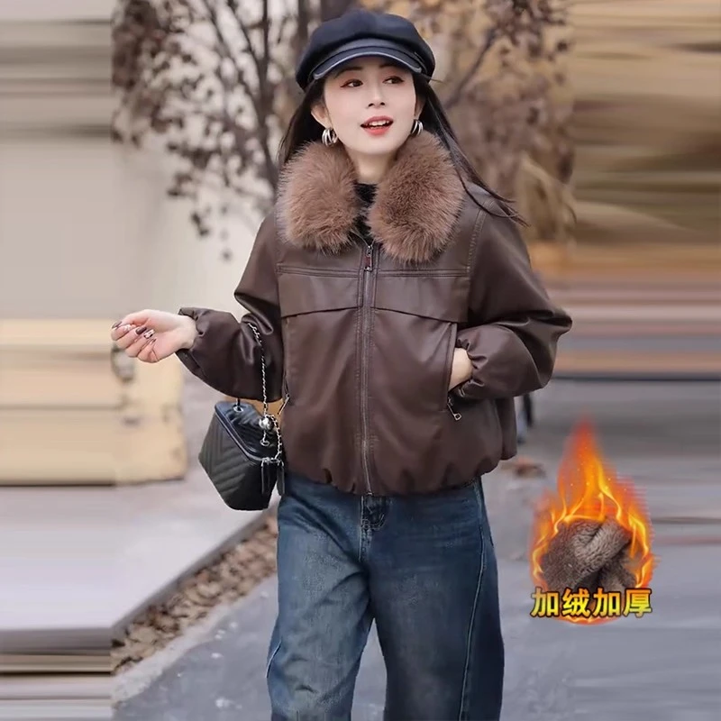 加绒加厚皮衣外套女冬季新款宽松显瘦休闲短款机车服皮夹克棉袄