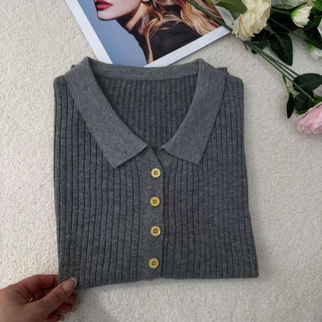【赠运费补贴】开衫娃娃领灰色短袖针织毛衣休闲百搭-109