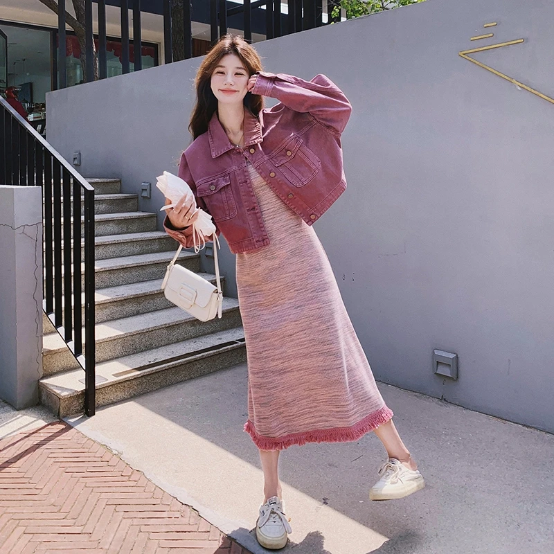韩系树莓紫牛仔外套吊带裙套装女2025春季新款休闲减龄条纹连衣裙