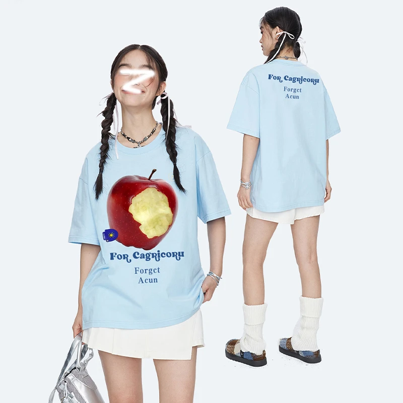 Two Million/美式苹果字母水果短袖t恤女休闲宽松半袖圆领上衣