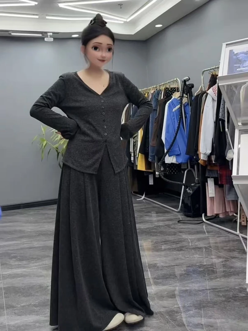早秋韩系简约百搭时尚套装设计感长袖上衣纯色阔腿裤两件套481152