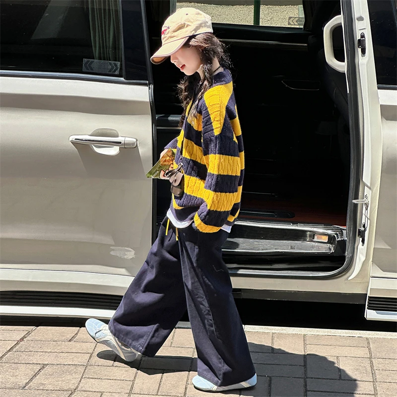 女童秋季条纹毛衣套装2025新款儿童洋气时髦韩系穿搭针织大童秋装