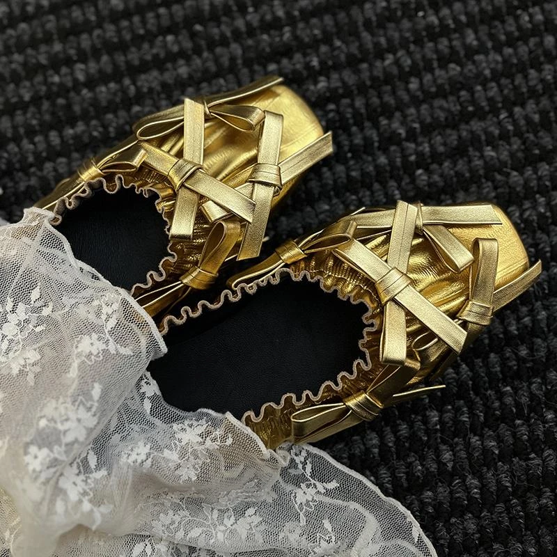 牛皮版~小众设计小金鞋褶皱蝴蝶结方头低跟平底一脚蹬浅口单鞋女