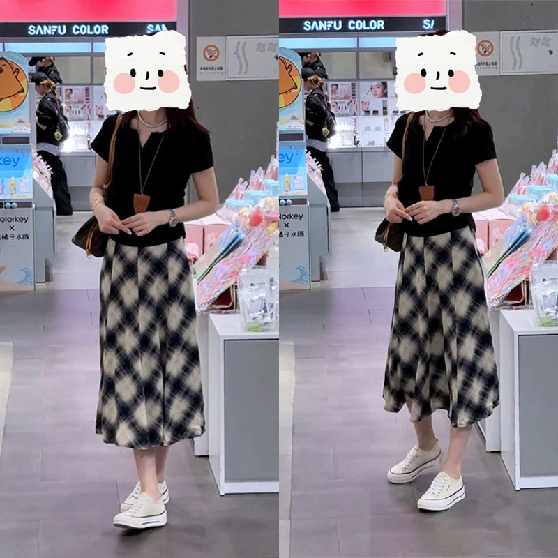 2025巨好看一整套时尚设计感V领收腰短袖T恤高腰半身裙气质两件套