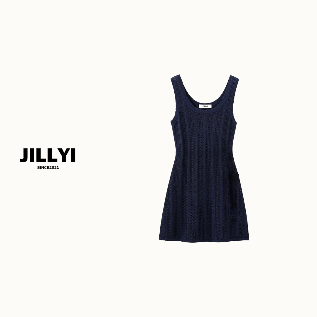 JILLYI南山店【蓝莓布丁】藏蓝色U领洋气纯色夏季无袖镂空时尚连衣