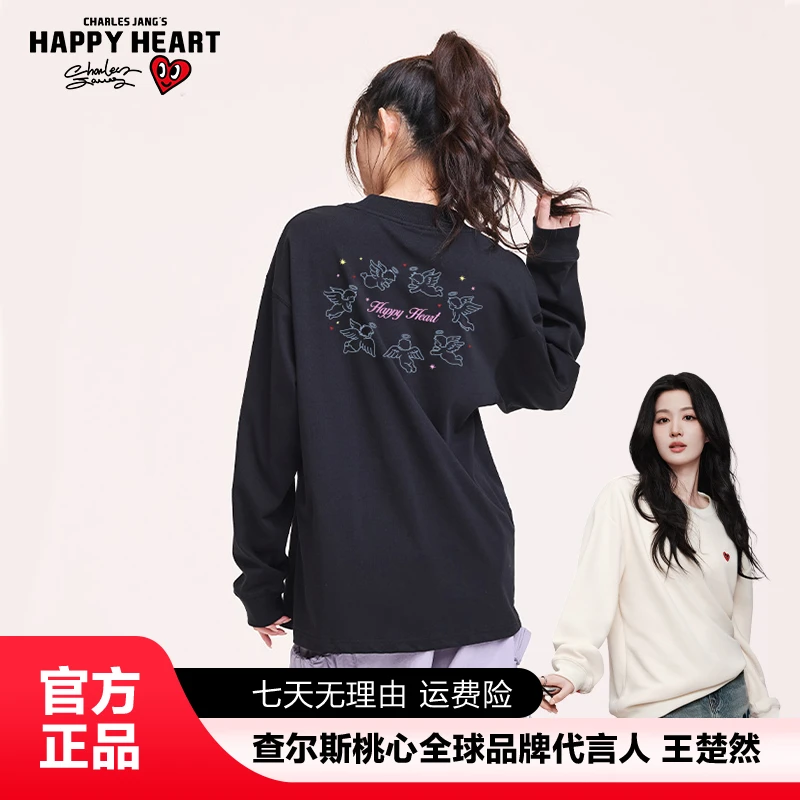 查尔斯桃心 春秋长袖圆领日常宽松纯棉T恤户外运动情侣简约休闲y