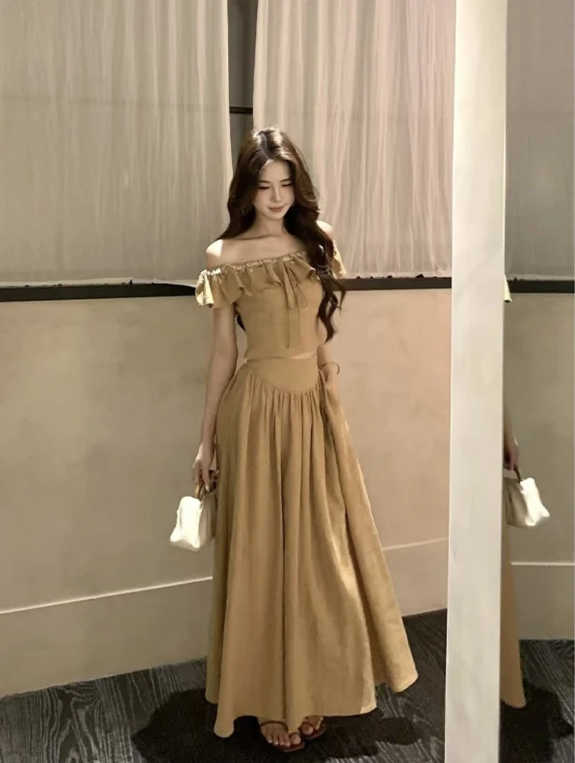 夏季辣妹风修身套装小众气质荷叶边绑带赫本风上衣高腰垂感半身裙