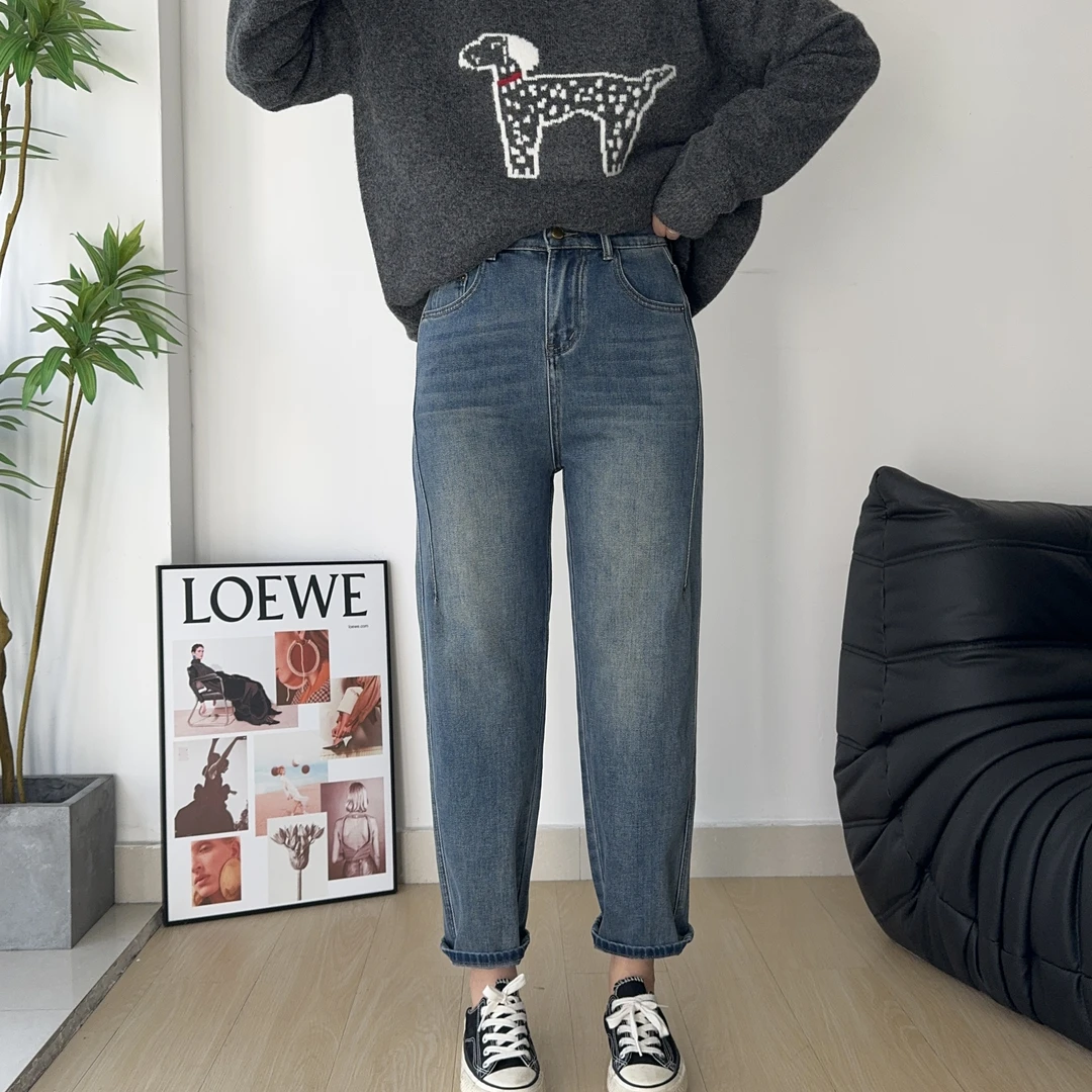 木木崧大码蓝色哈伦裤牛仔裤女春季九分萝卜裤高腰弹力胖mm老爹裤