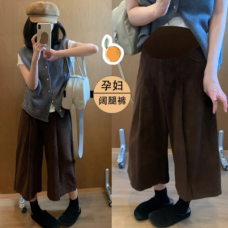 孕妇装孕妇咖色灯芯绒八分裤女2025秋季新款高腰休闲复古直筒裤