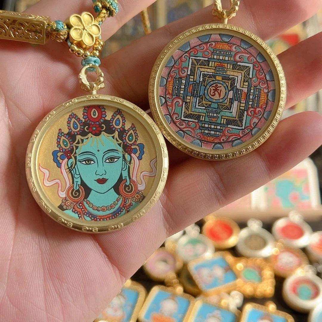 吊坠纯手绘唐卡绿度姆配坦诚