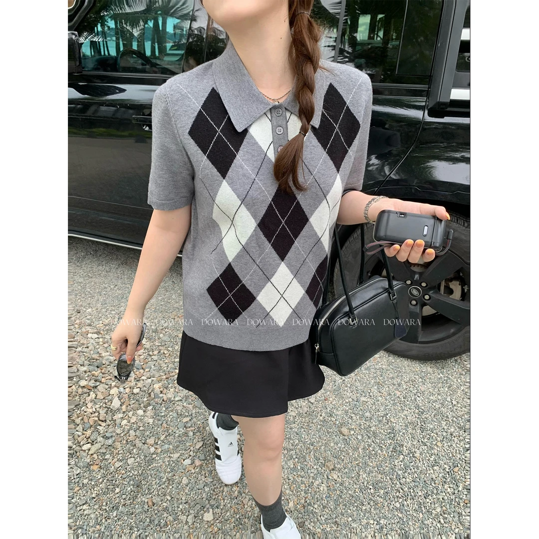 现货大婉酱微胖定制韩系休闲菱格针织衫春季学院风翻领上衣 6489D