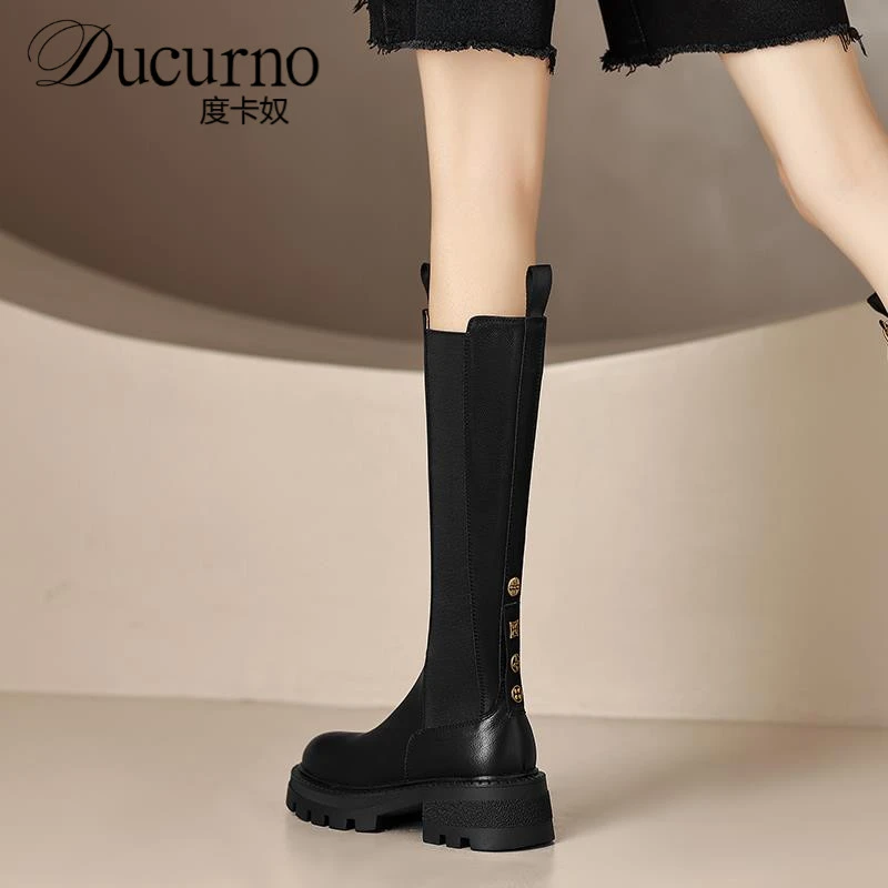 度卡奴巨显腿长~真皮侧拉炼百搭厚底高筒骑士靴女秋粗跟长筒靴子