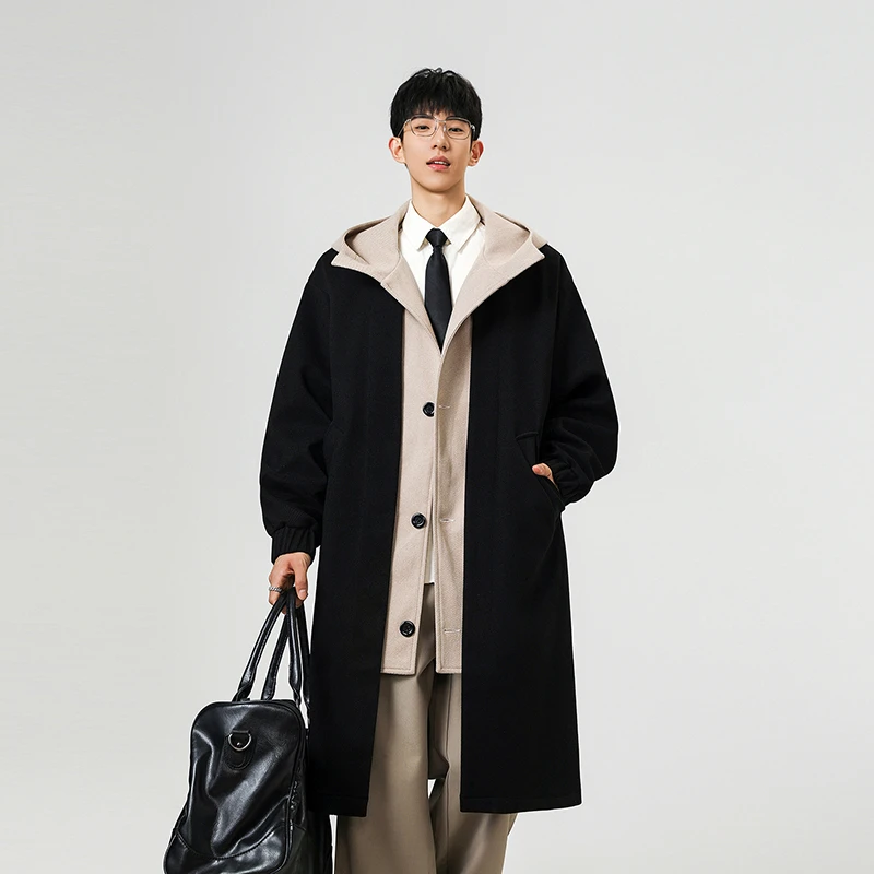 假两件风衣男高级感毛呢大衣中长款连帽呢子外套秋季宽松斗篷披风