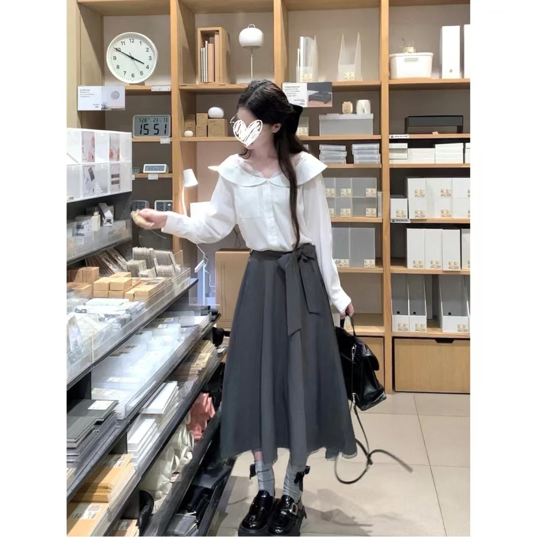 盐系温柔法式设计感蕾丝拼接衬衫~韩系蝴蝶结半身裙套装Y5200